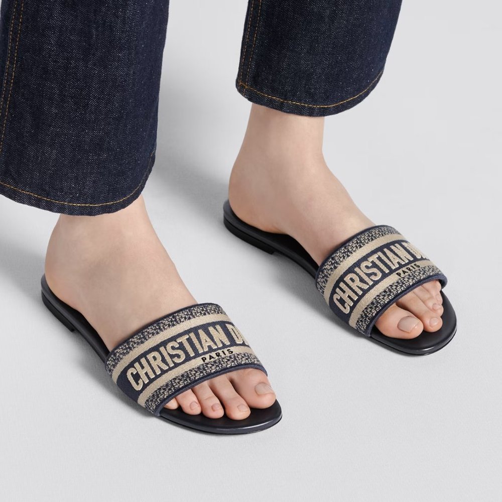 Dior Dway Slide | Deep Blue Embroidered Cotton